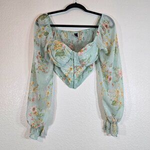 Windsor Floral Sheer Cropped Top Women Medium Blue Sweetheart Fairycore Girly